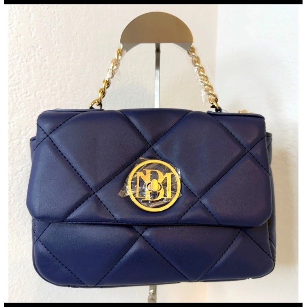 BADGLEY MISCHKA Top Handle Handbag Navy Blue Quilted with Letter Lock NWT